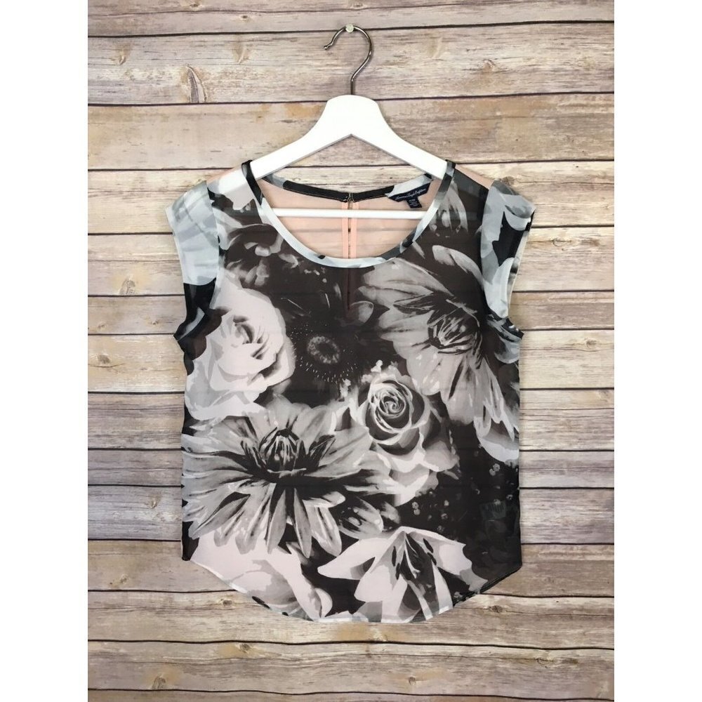 American Eagle XS Sheer Floral Shirt Top Blouse Colorblock Roses Cap Sleeve